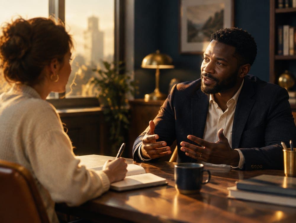 Two people in a discovery interview at a desk