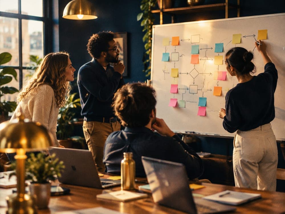 A team mapping a process flow on a whiteboard