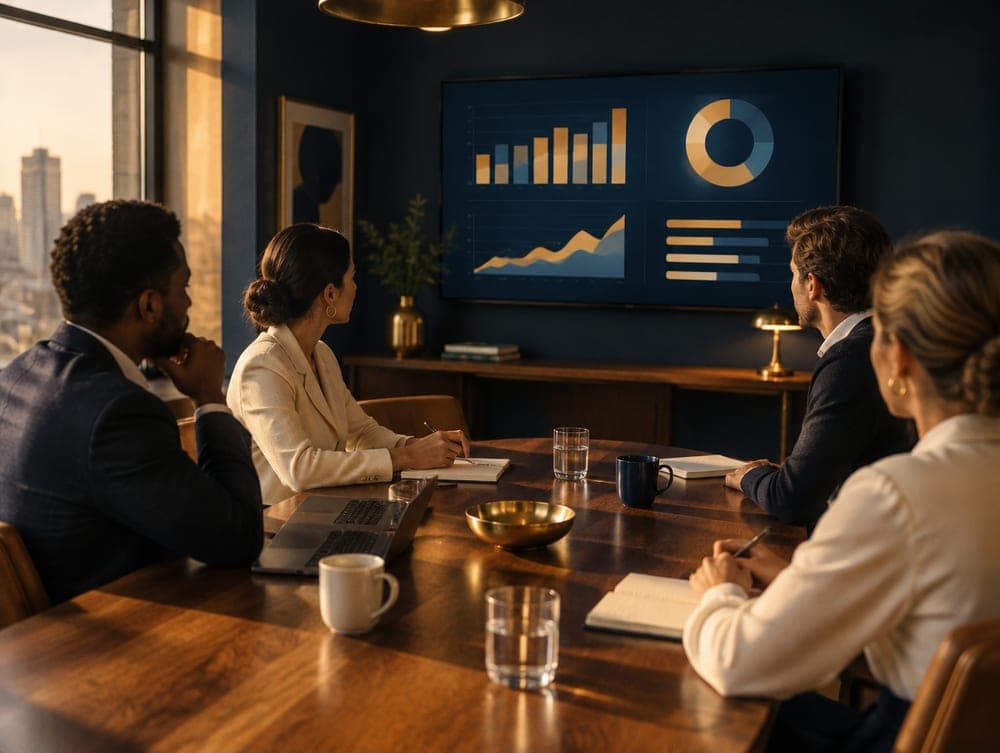 A monthly operating review around a conference table