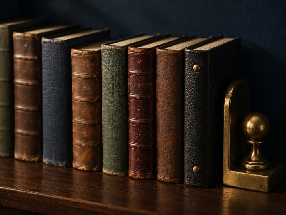 Well-worn books and binders on a dark wood shelf