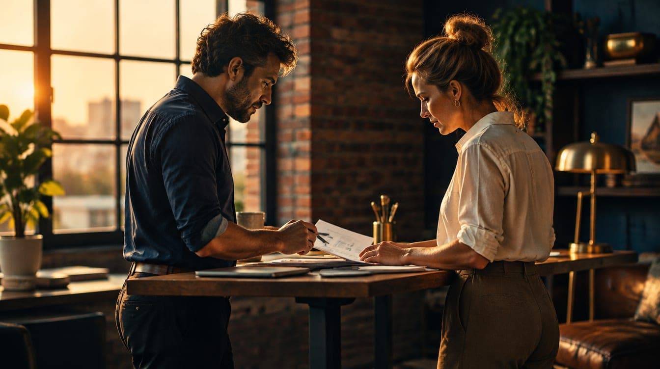 An operating advisor and a business owner reviewing documents together