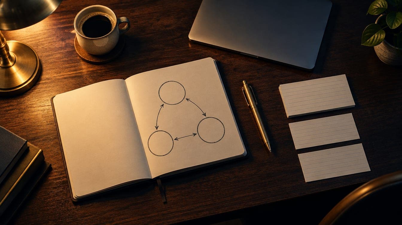 A planning notebook with a three-phase diagram on a walnut table