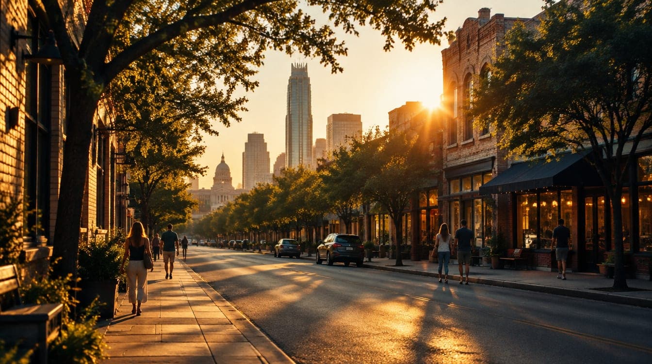 A tree-lined Austin street at golden hour