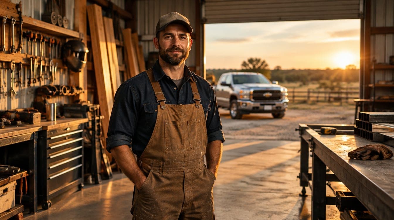 A small-business owner standing in a tidy fabrication workshop