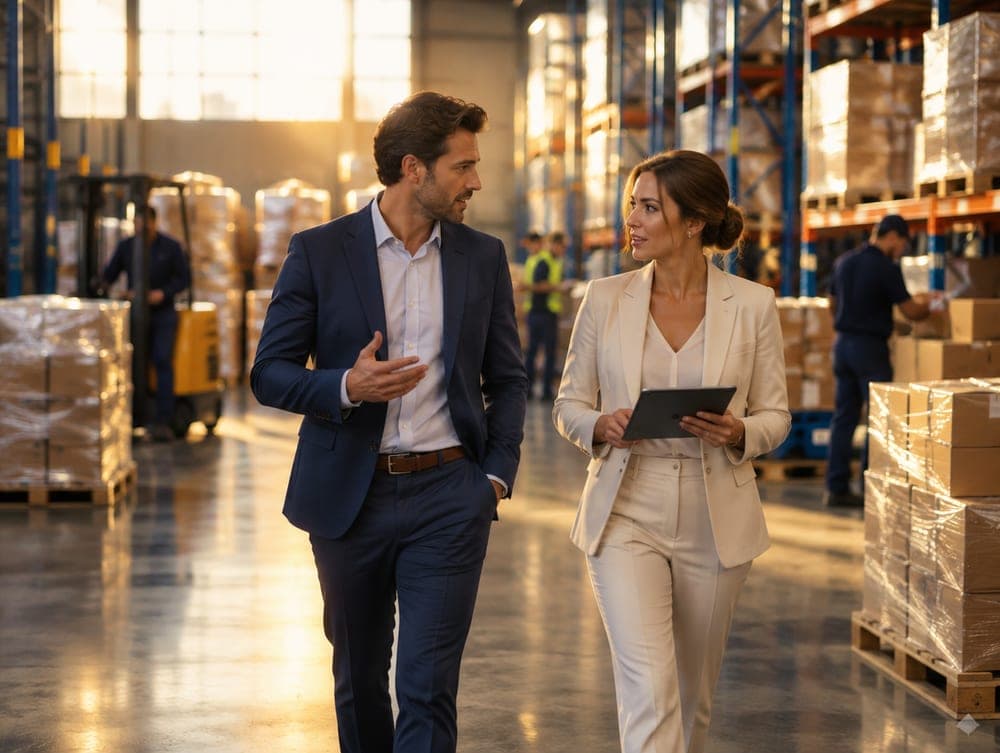 Two partners walking through a busy distribution floor