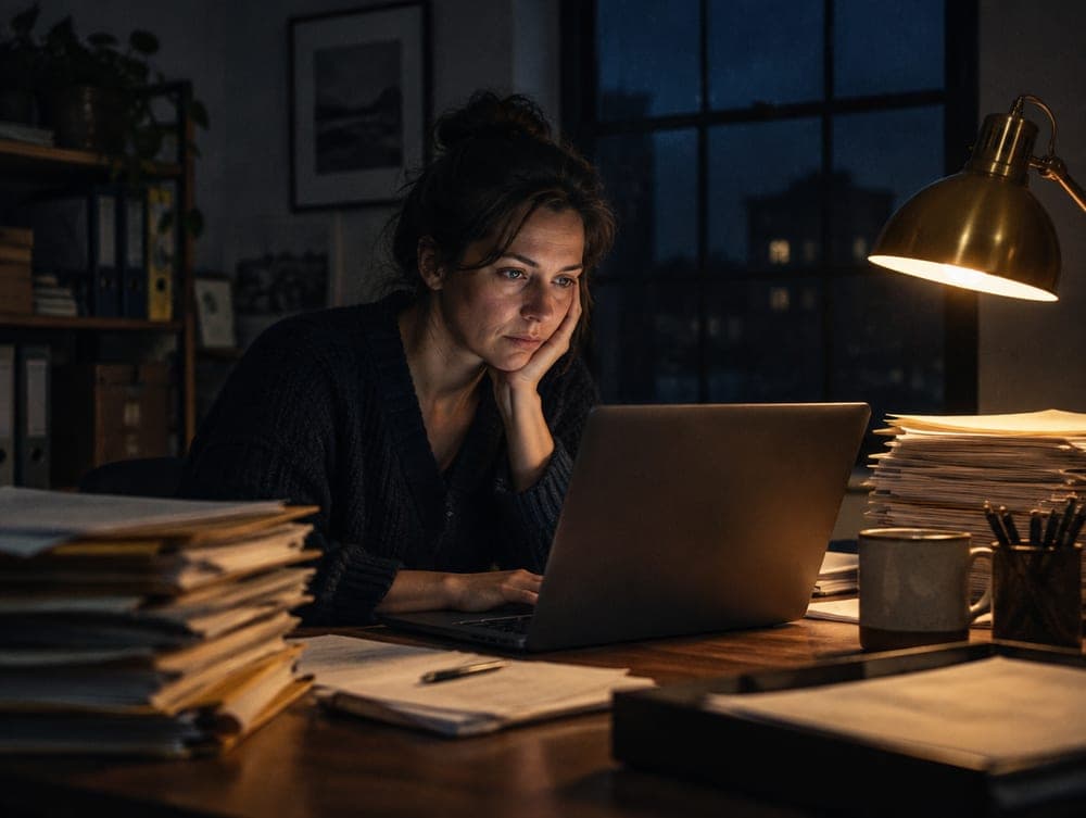 An owner working late at a laptop surrounded by paperwork