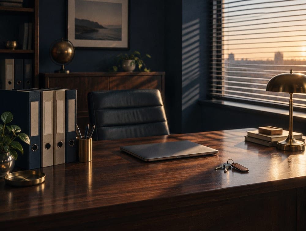An orderly office at dawn with neatly labeled binders