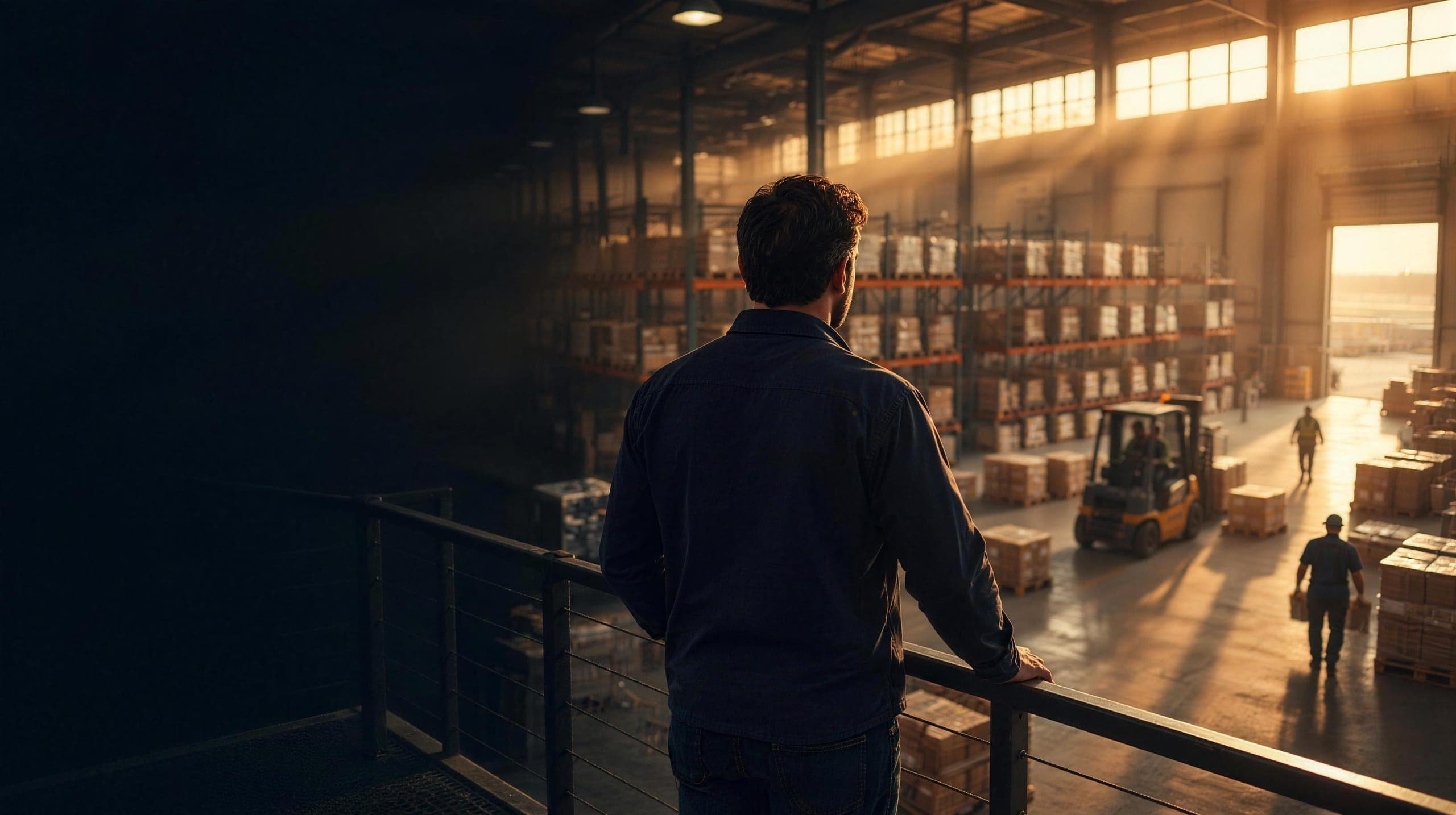 An owner on a mezzanine overlooking a well-run warehouse operation at golden hour