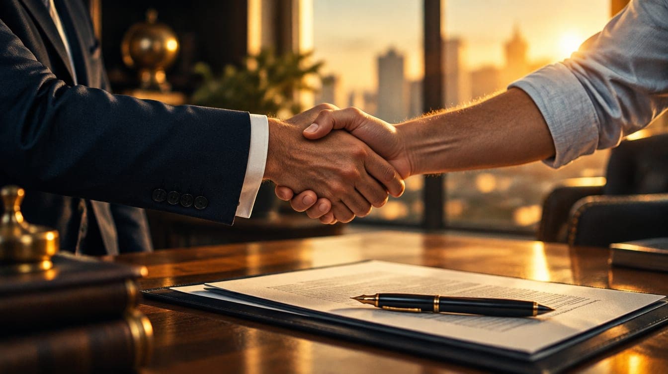 Two business partners shaking hands over a signed agreement