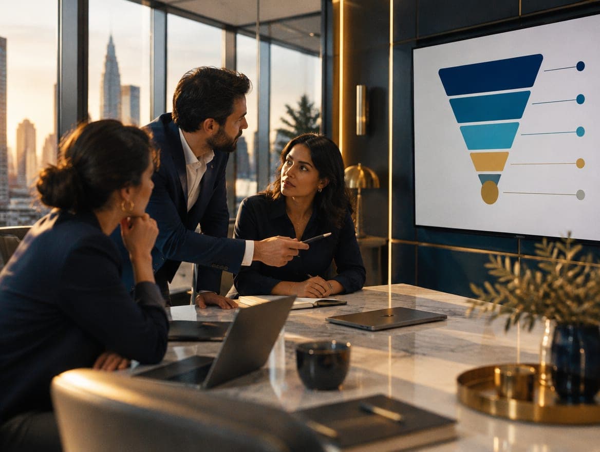 A small sales team reviewing a pipeline funnel on a wall screen