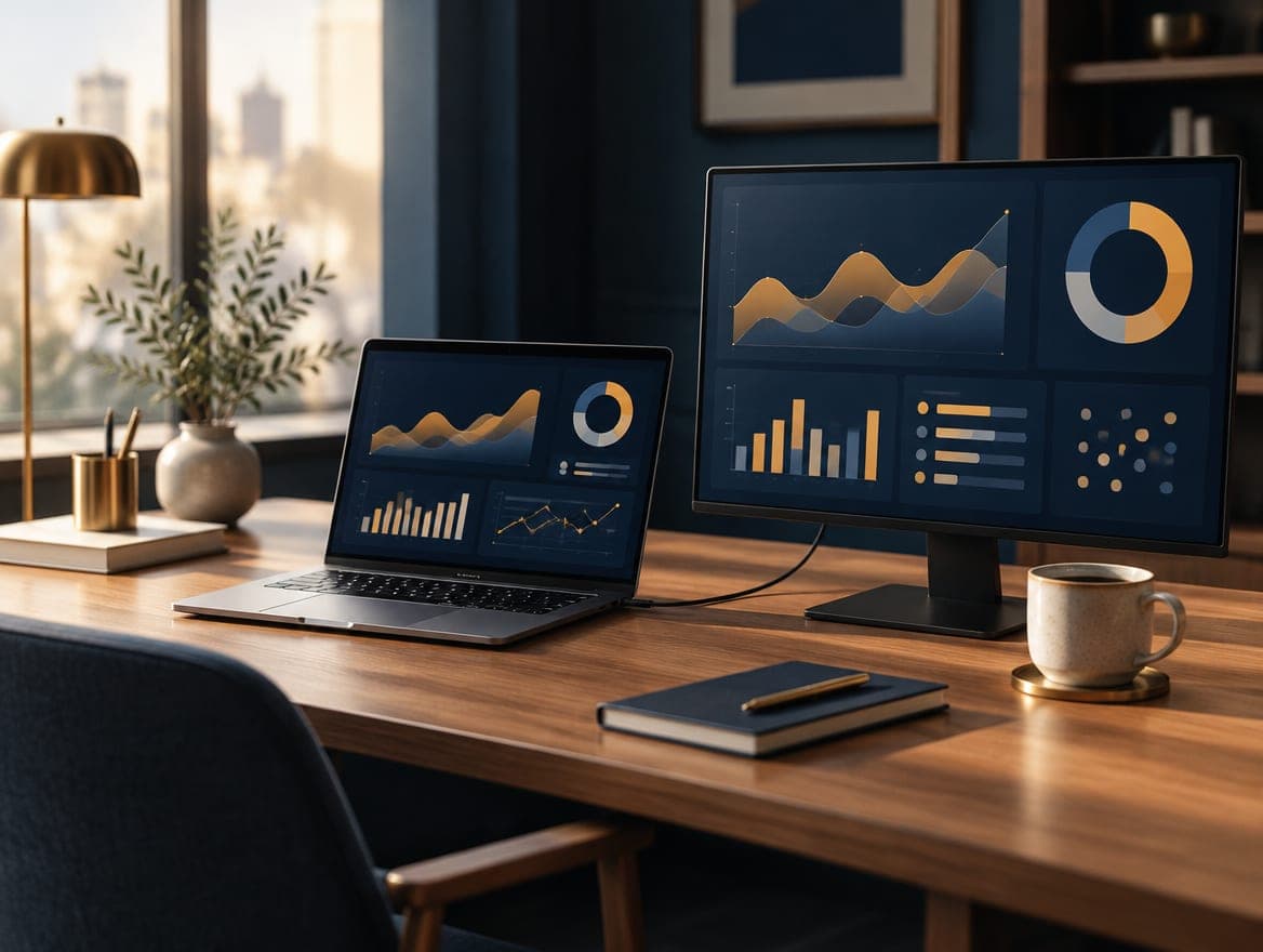 A tidy desk with a laptop and monitor showing reporting dashboards