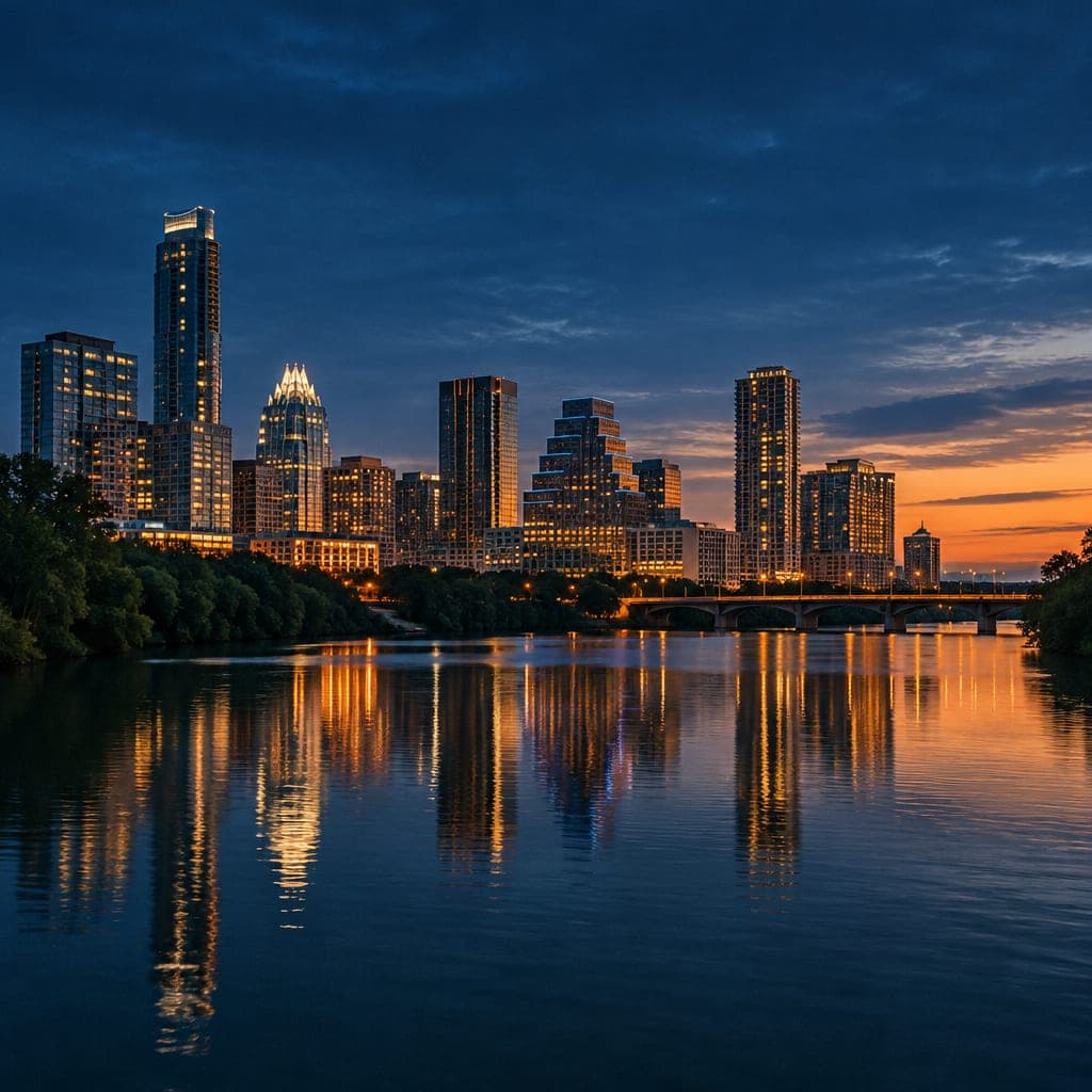 The Austin, Texas skyline at blue hour across Lady Bird Lake